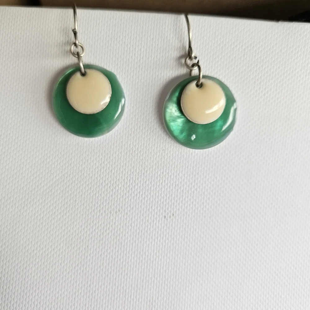Teal Blue & White Enamel Disc Hanging Earrings - Picture 6 of 6